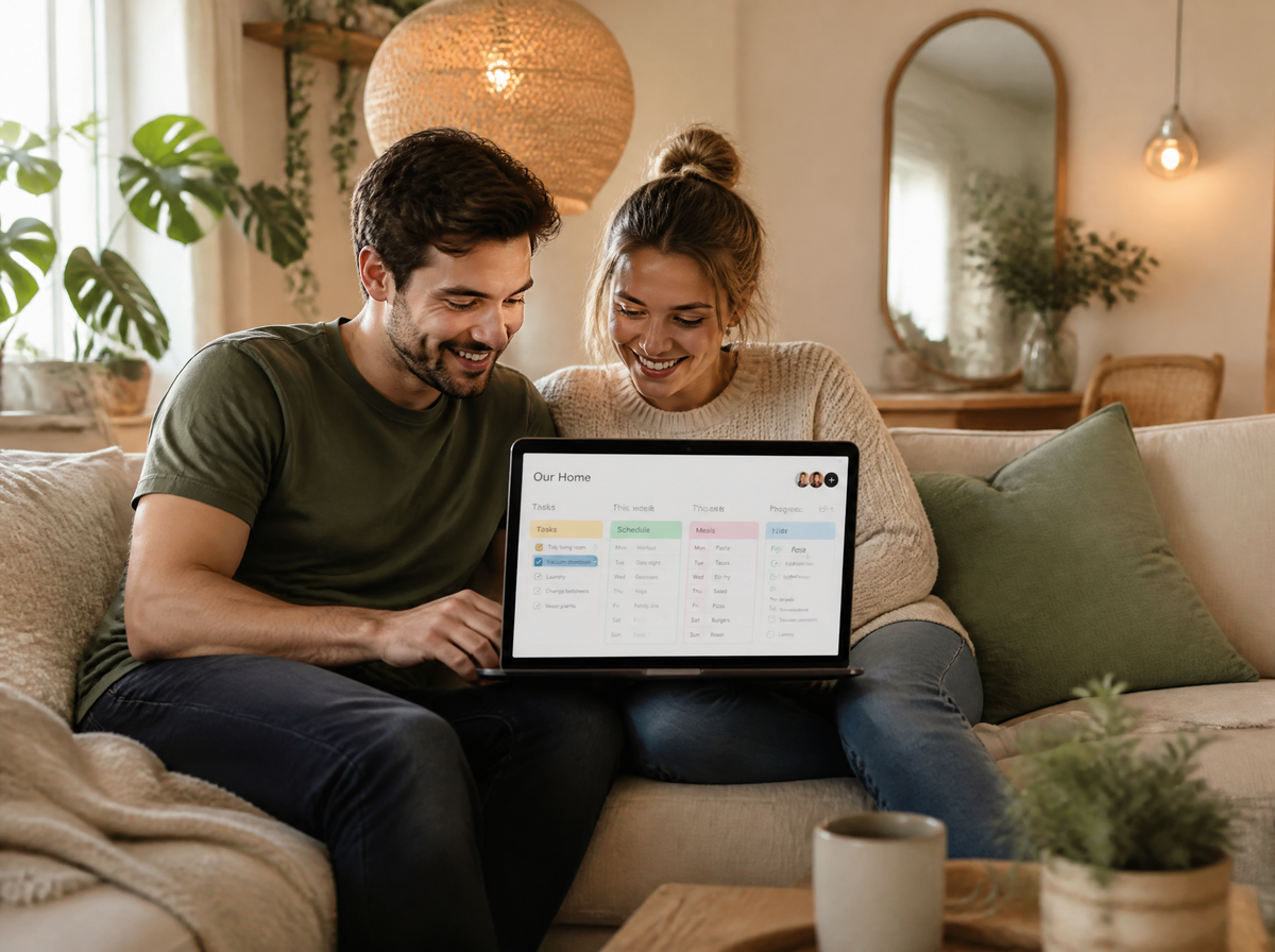 Couple planning their home on a laptop