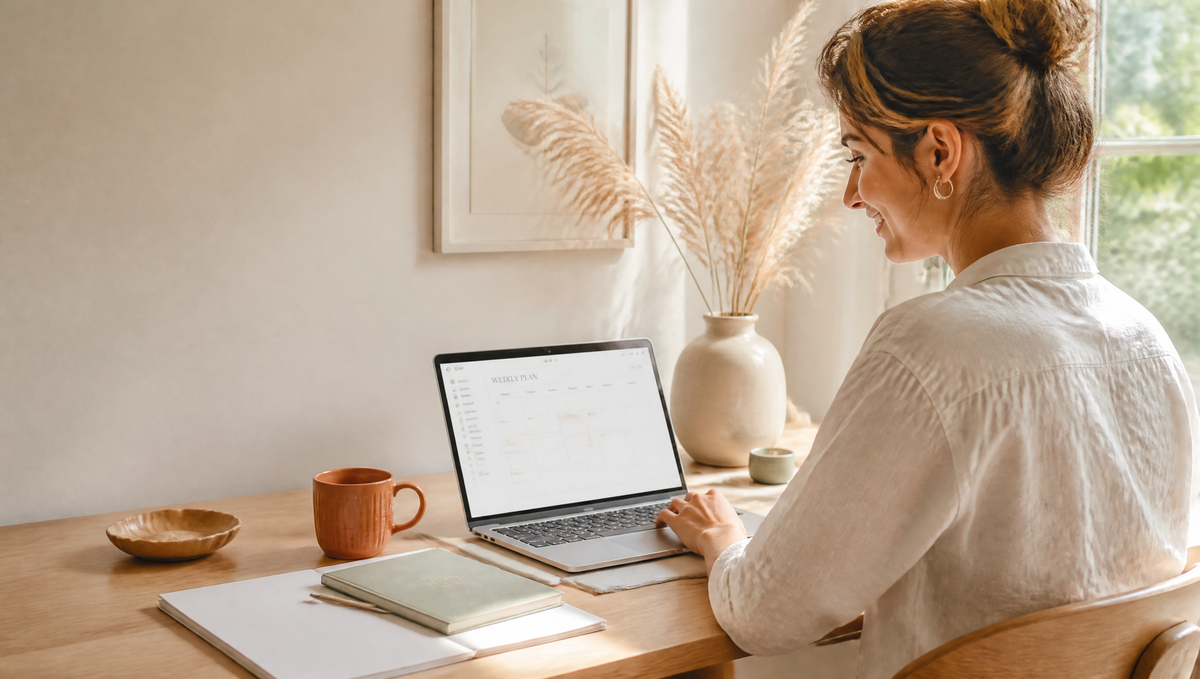 Planning the week on a laptop at a sunny desk