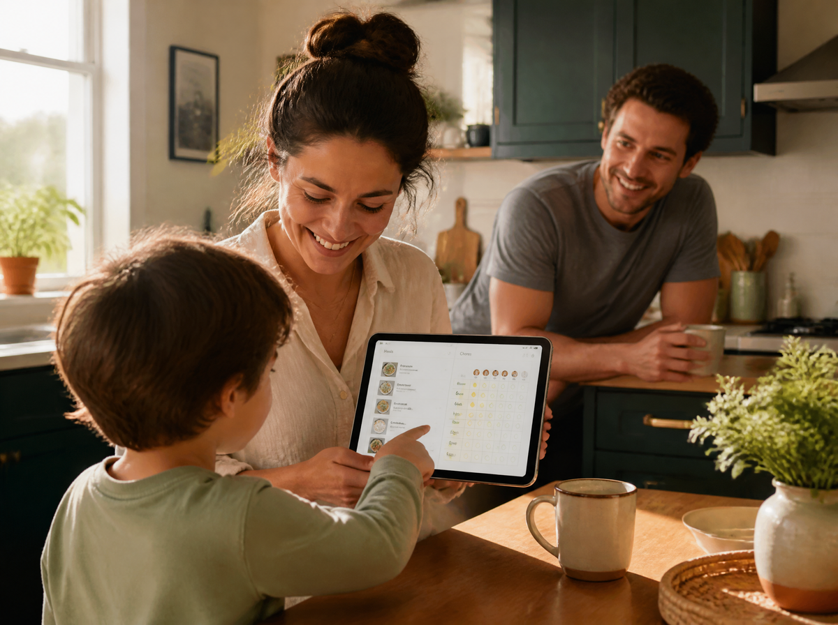 Family using a meal plan and chore chart app in the kitchen