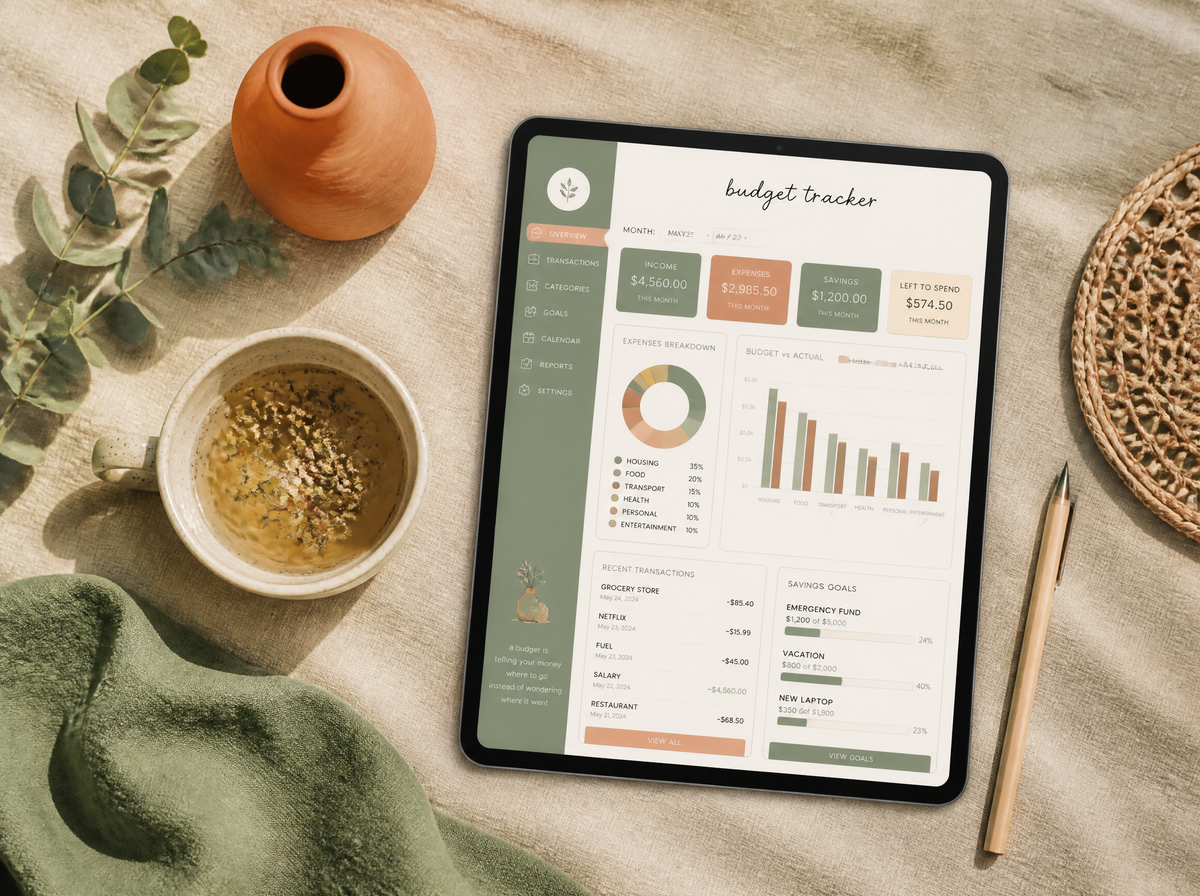 Tablet showing a budget tracker app on a linen table