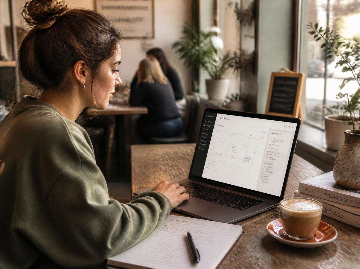Student using a study planner app in a cafe