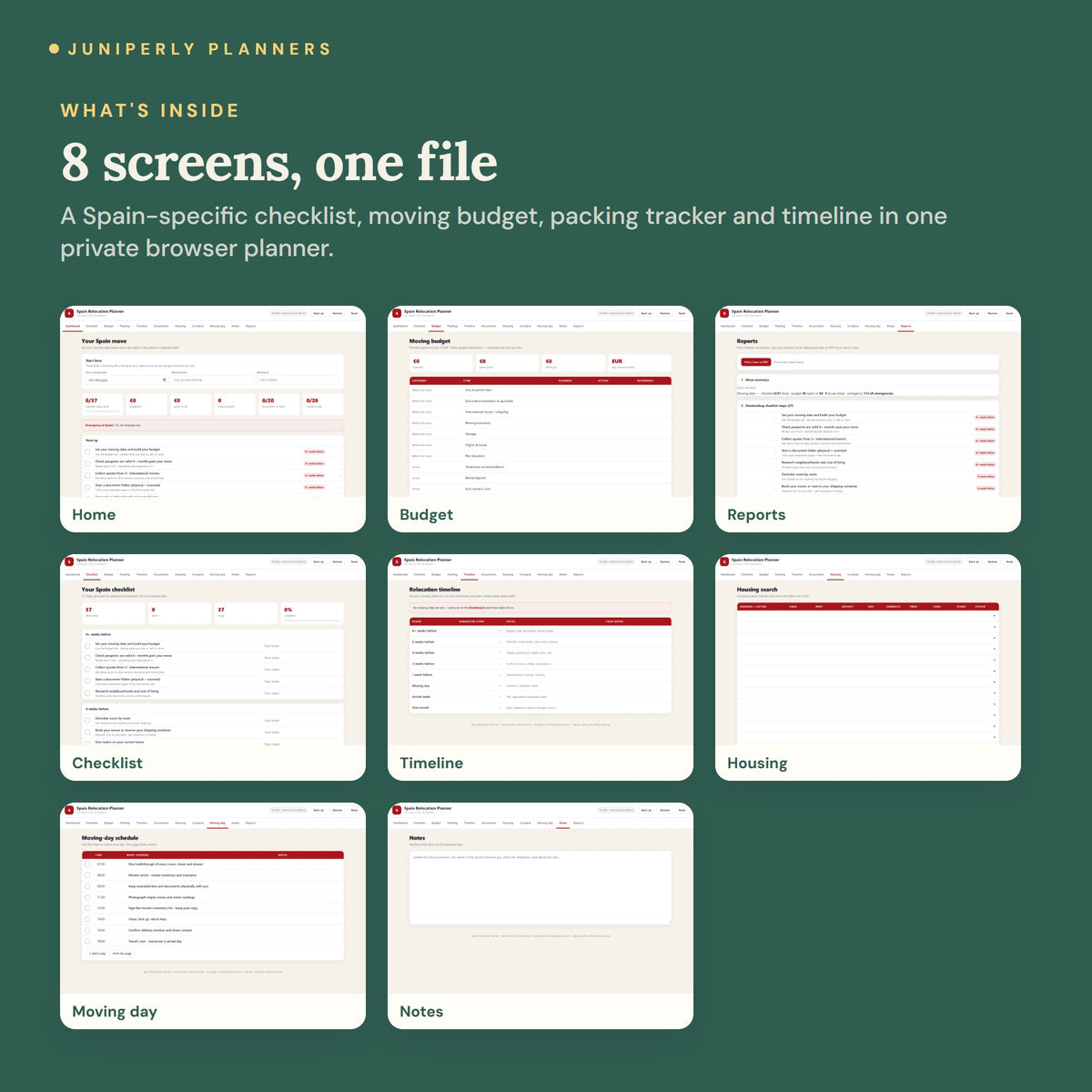 Spain Relocation Planner - every screen inside