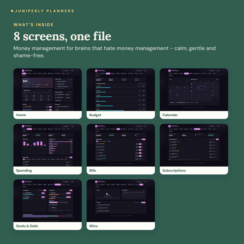 ADHD Money Dashboard - every screen inside
