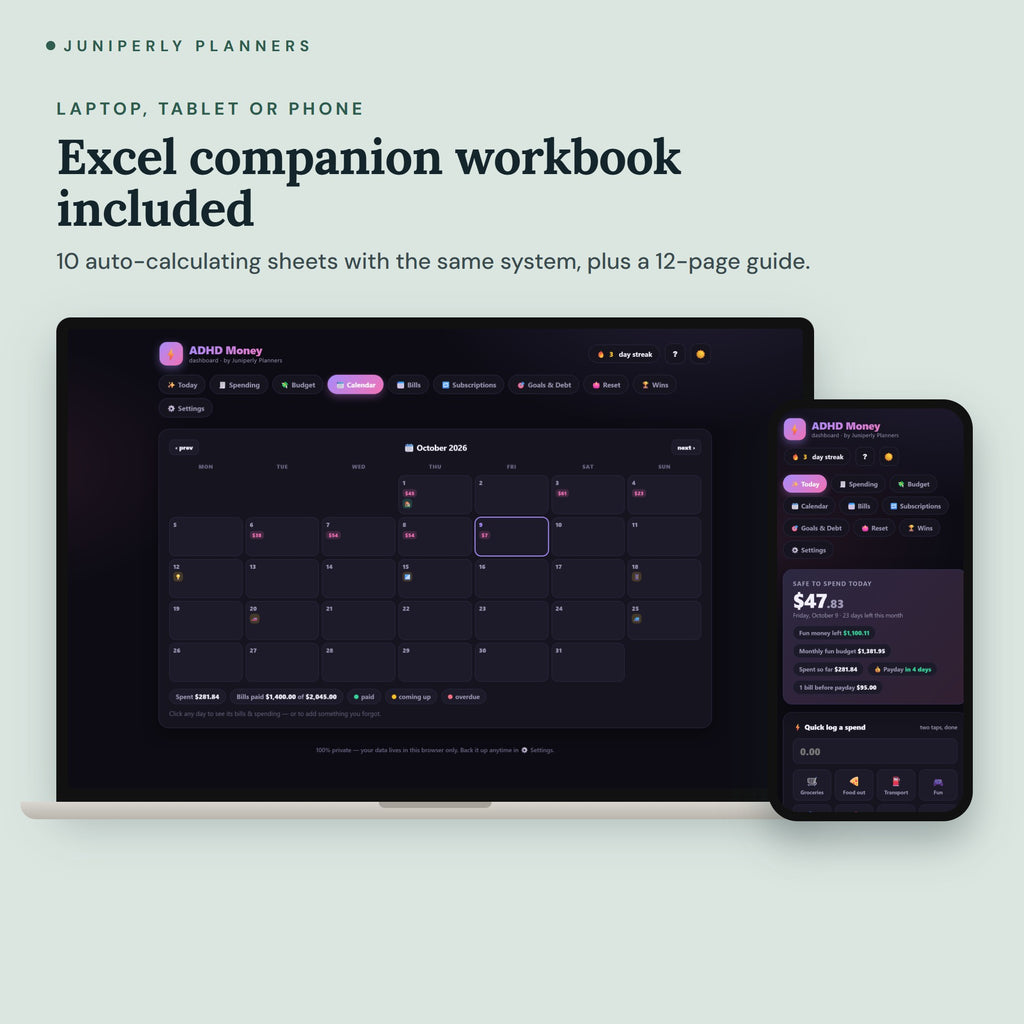 ADHD Money Dashboard - on laptop, tablet and phone