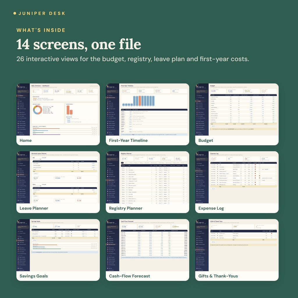 Baby Budget & First-Year Hub - every screen inside