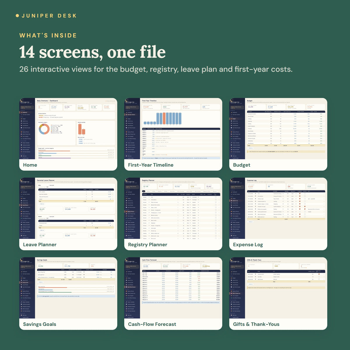 Baby Budget & First-Year Hub - every screen inside