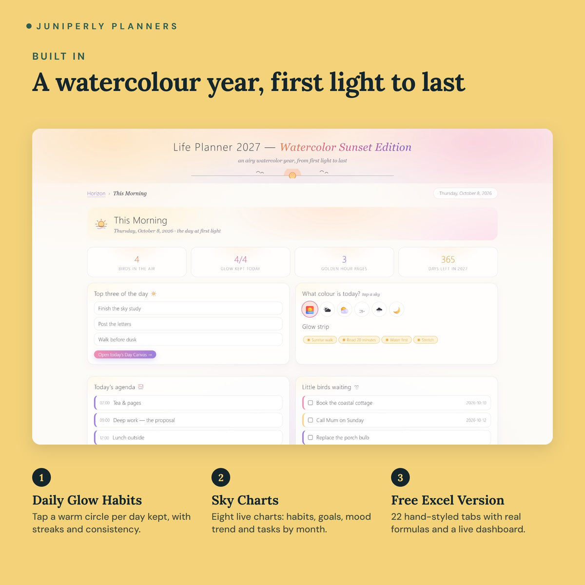 Watercolor Sunset Planner 2027 - key features