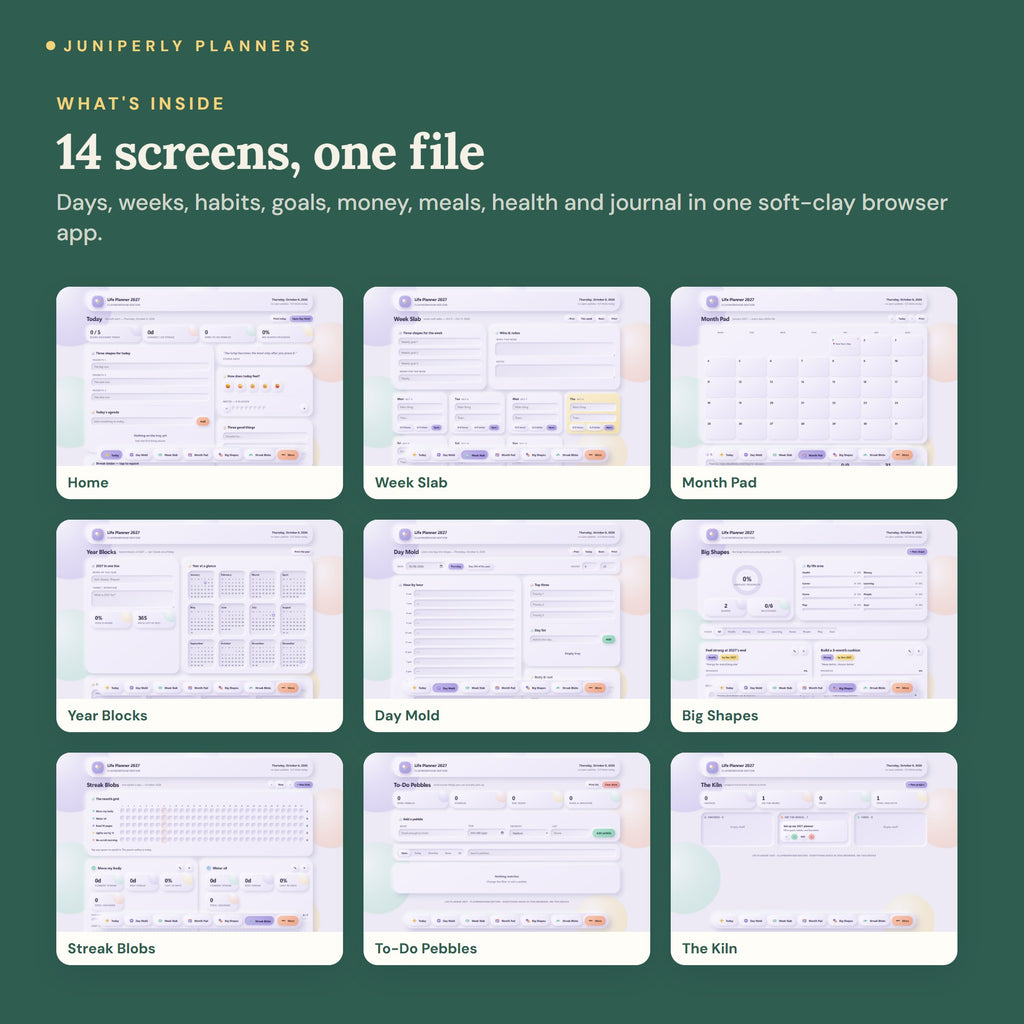 Claymorphism Life Planner 2027 - every screen inside