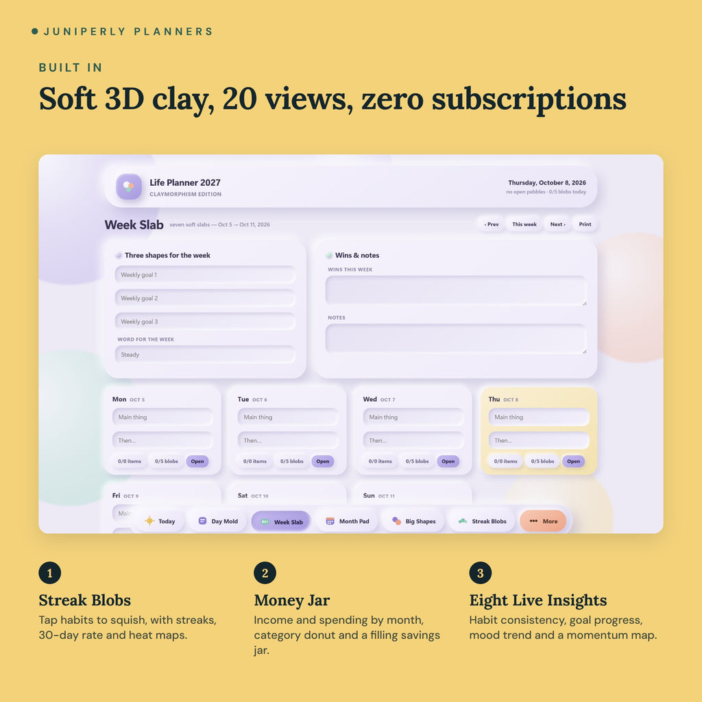 Claymorphism Life Planner 2027 - key features