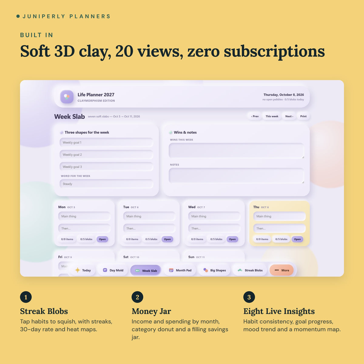 Claymorphism Life Planner 2027 - key features