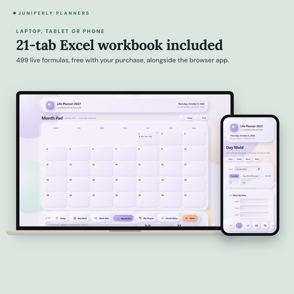Claymorphism Life Planner 2027 - on laptop, tablet and phone