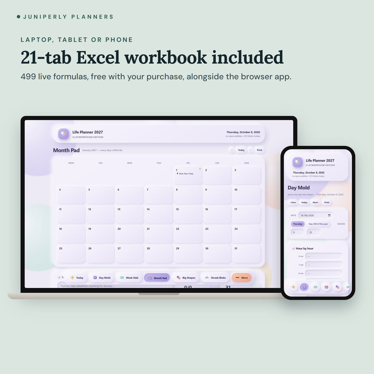 Claymorphism Life Planner 2027 - on laptop, tablet and phone