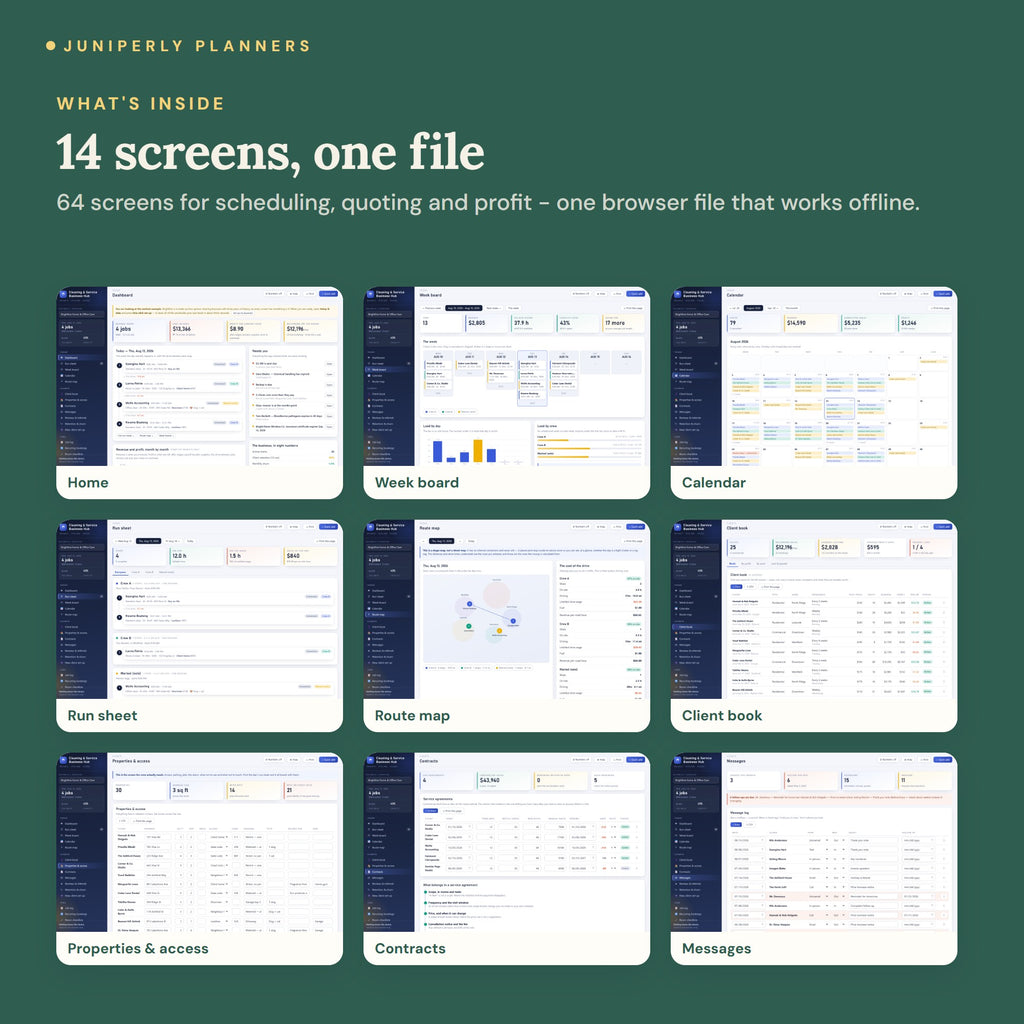 Cleaning Business Hub - every screen inside