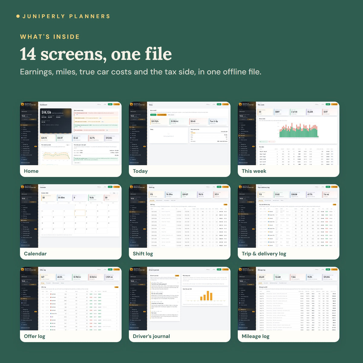 Gig Driver Income Hub - every screen inside