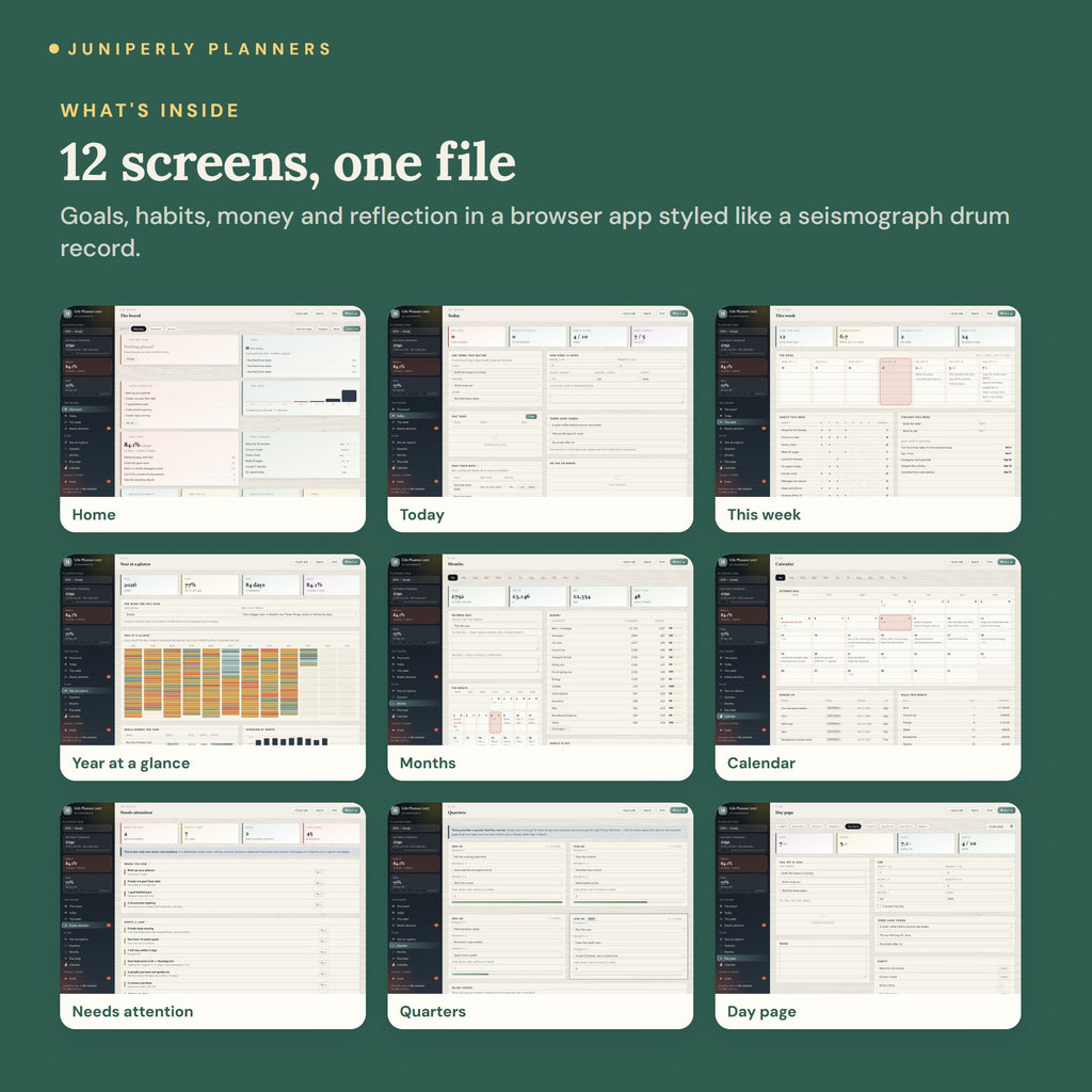 Seismograph Life Planner 2027 - every screen inside