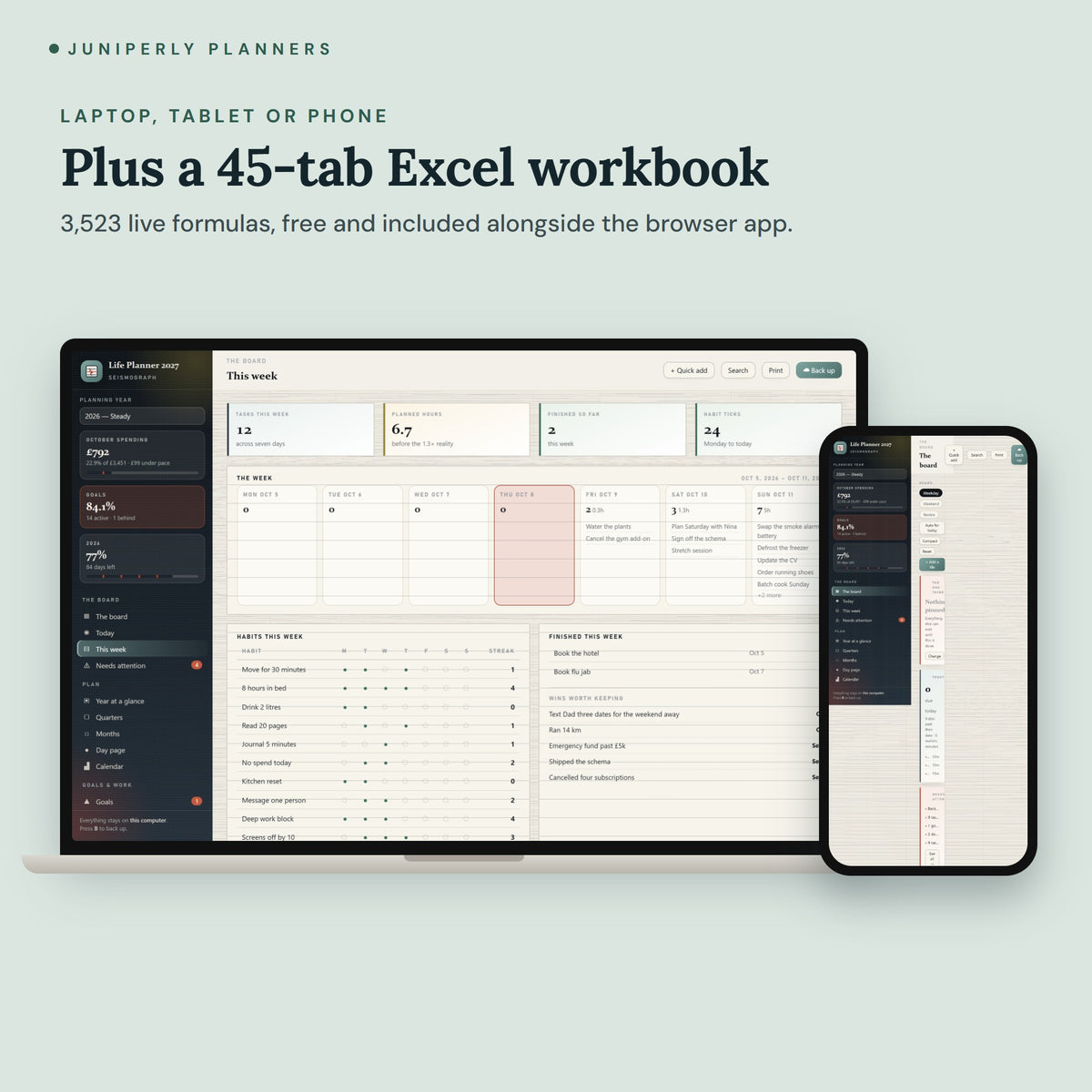 Seismograph Life Planner 2027 - on laptop, tablet and phone
