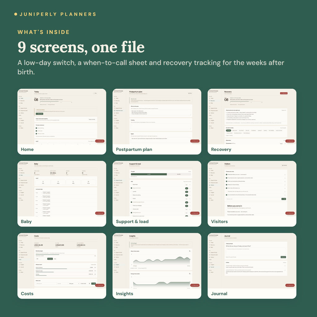 Fourth Trimester Recovery Planner - every screen inside
