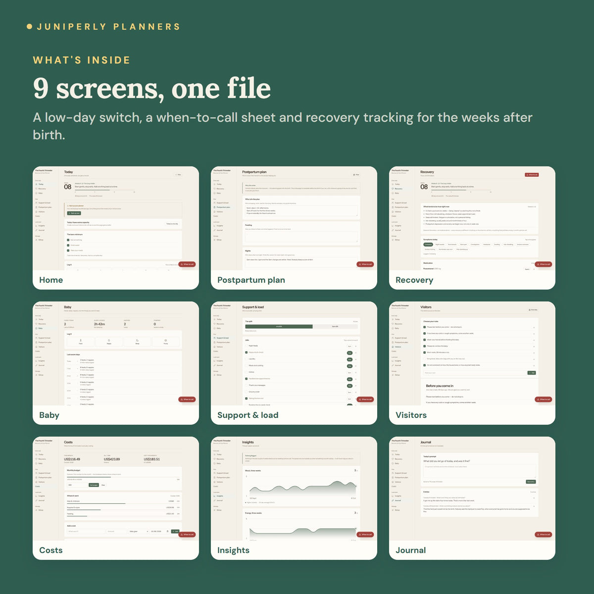 Fourth Trimester Recovery Planner - every screen inside