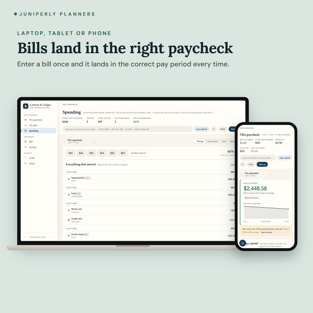 Paycheck Budget Planner - on laptop, tablet and phone