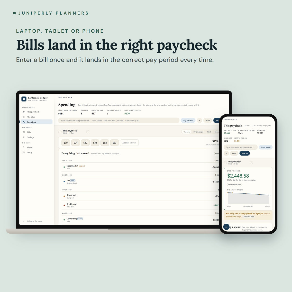 Paycheck Budget Planner - on laptop, tablet and phone