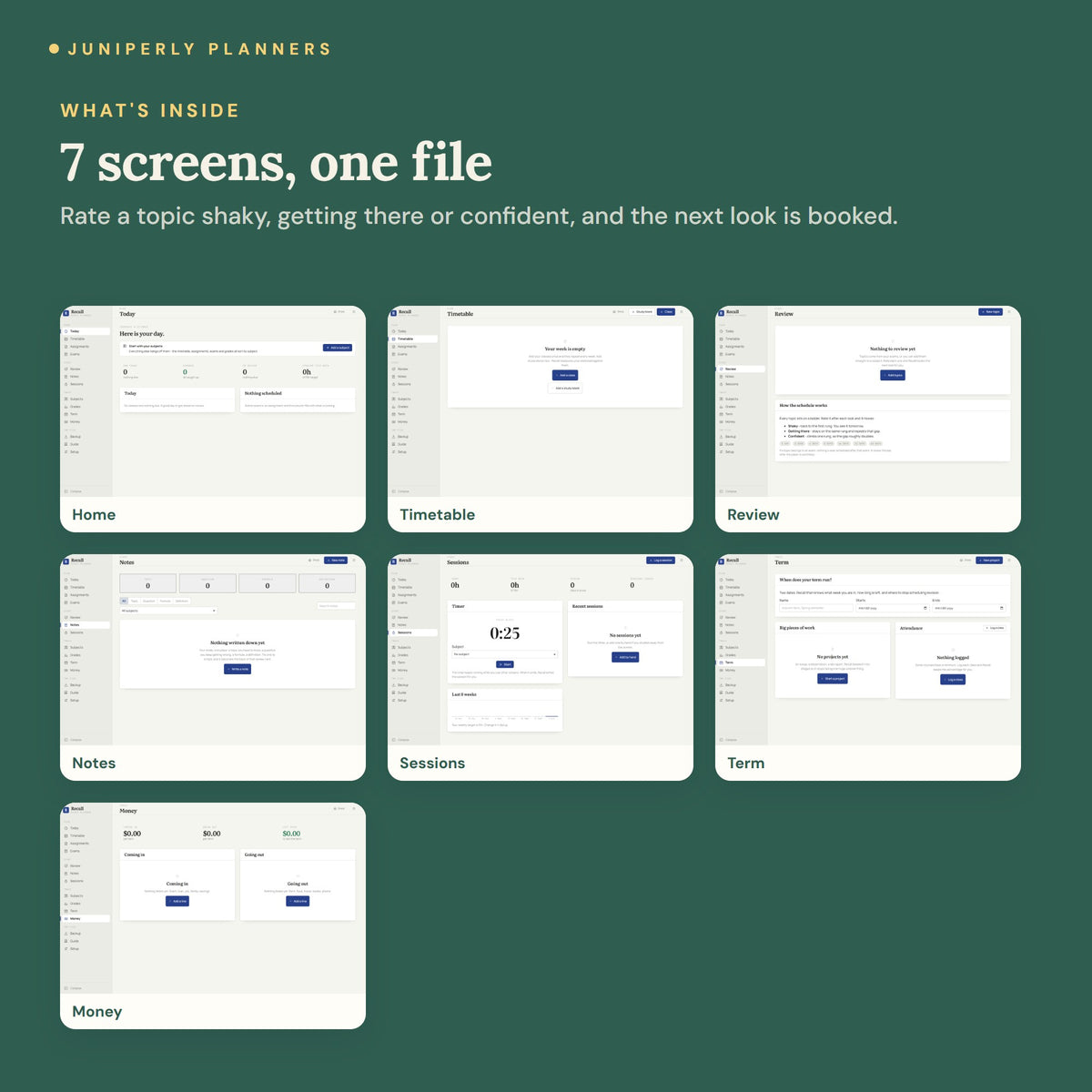 Recall Study Planner - every screen inside