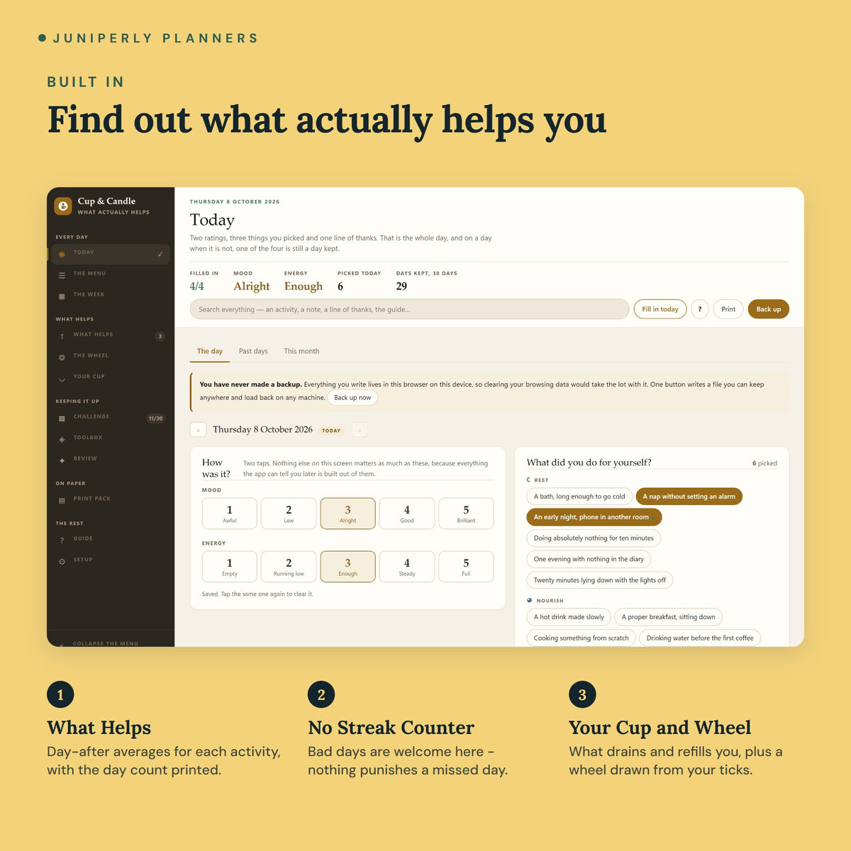 Self-Care Planner App - key features